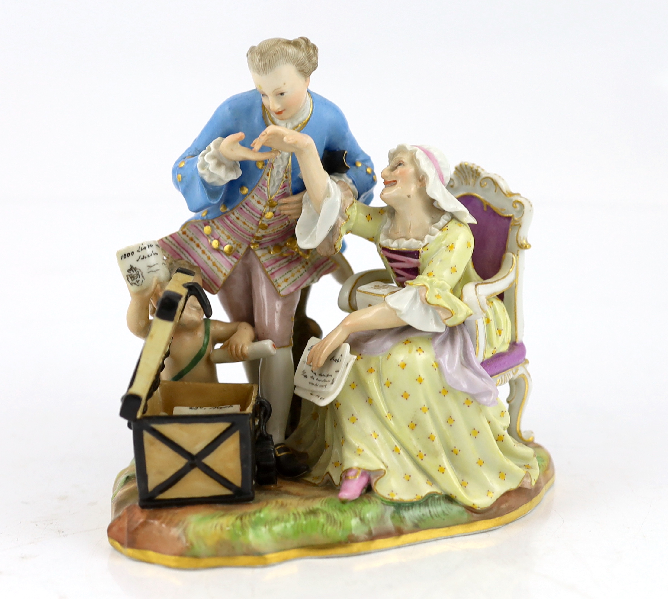 A Meissen group of an old woman and her young lover, 19th century, some restoration